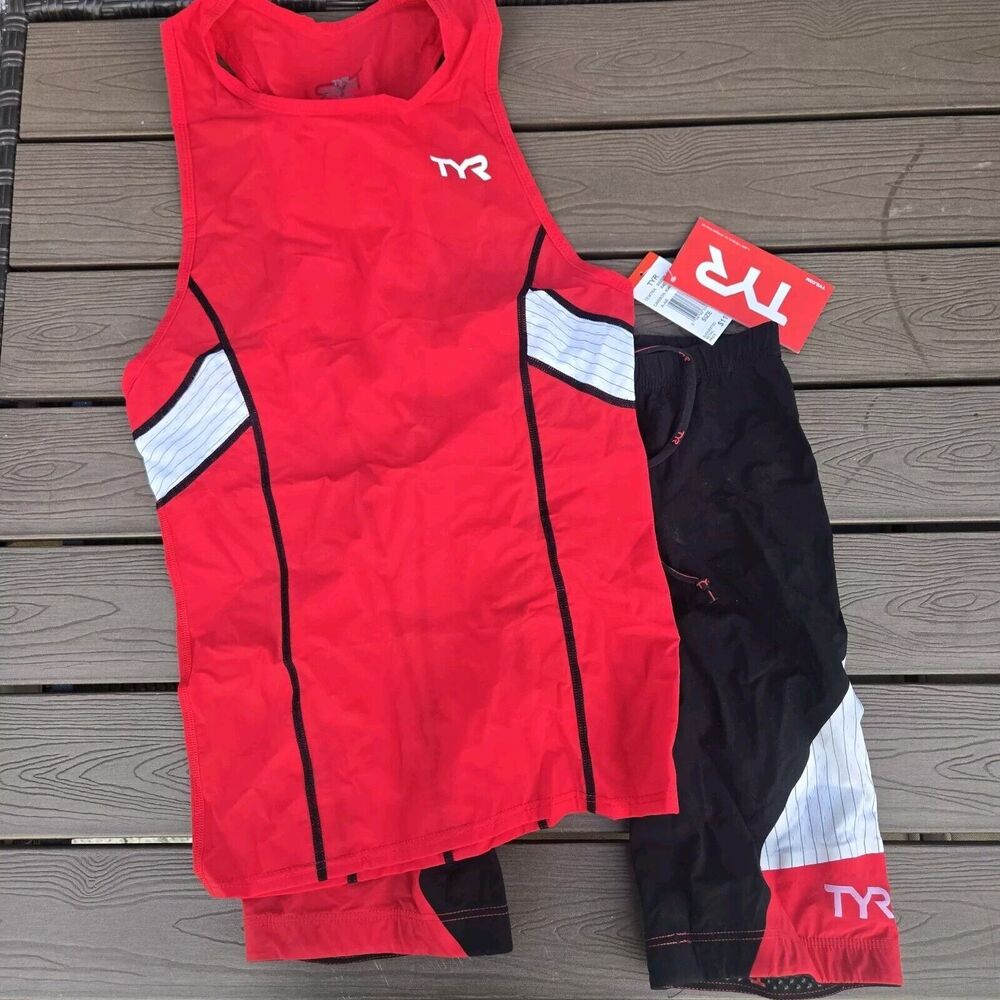 TYR Carbon Men Boy Black/Red 2 Pc Tri Tank (S) & 9 In Padded Short (M) New